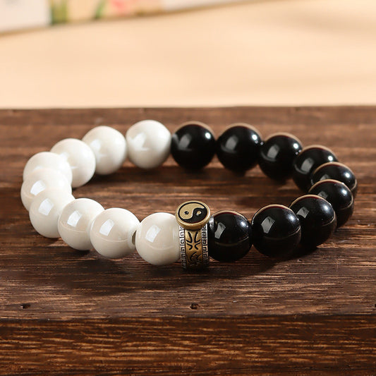 Taiji Mixed Beads Bracelet Taoist White Porcelain Beads Obsidian Bracelet