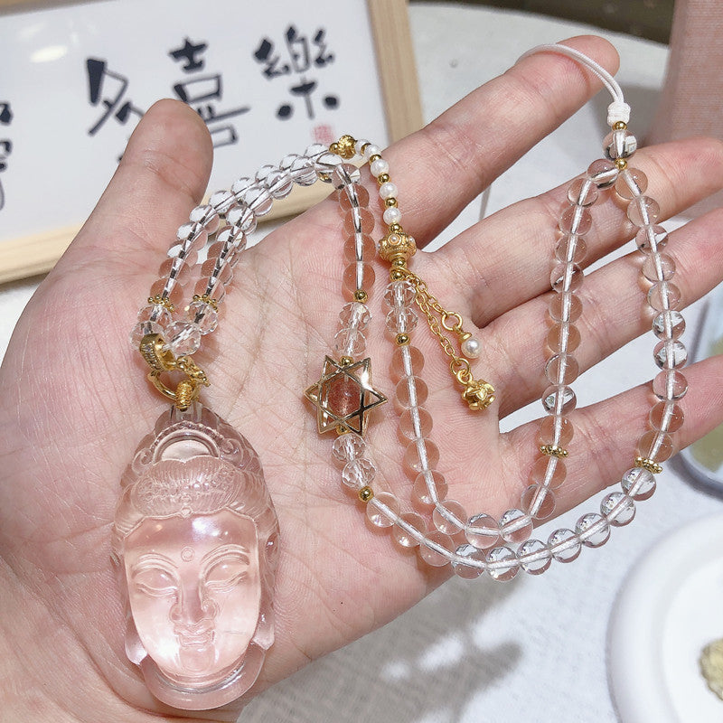 Natural White Crystal Carved Bodhisattva Guanyin Head Necklace Sakyamuni Necklace