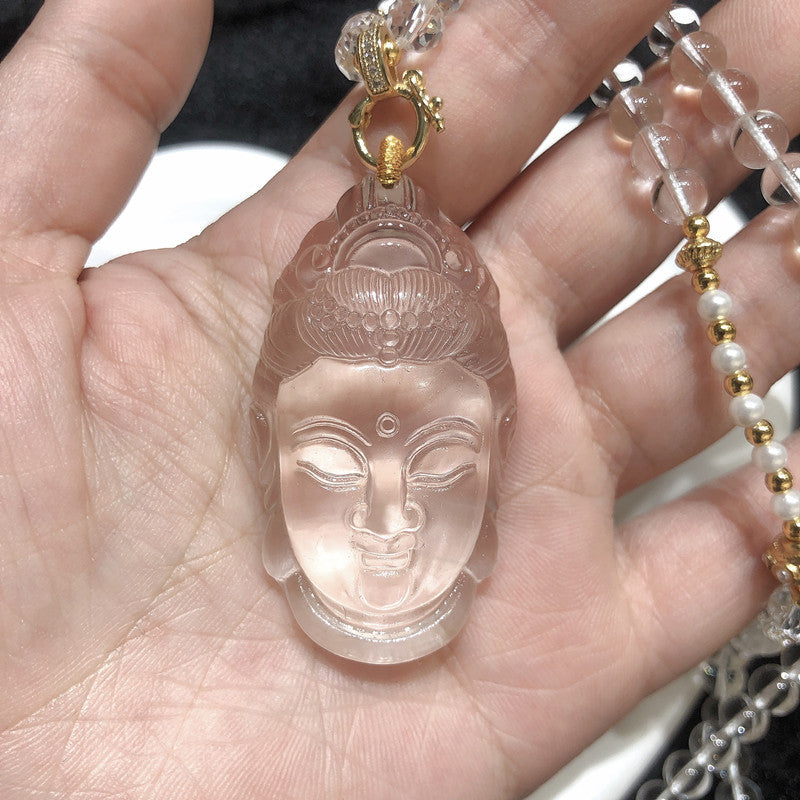 Natural White Crystal Carved Bodhisattva Guanyin Head Necklace Sakyamuni Necklace