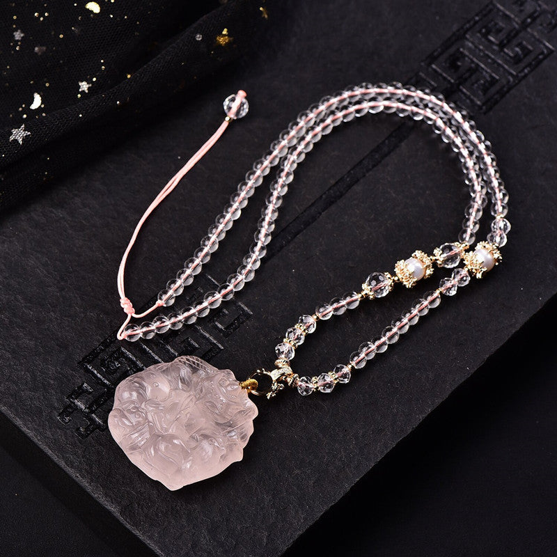 Natural Pink Crystal Nine-Tailed Fox Necklace Enhance personal charm and love luck