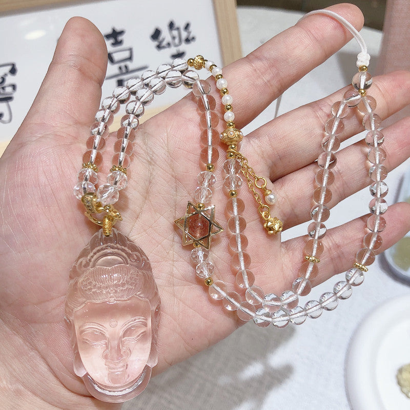 Natural White Crystal Carved Bodhisattva Guanyin Head Necklace Sakyamuni Necklace